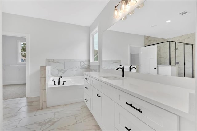 bathroom featuring vanity and independent shower and bath