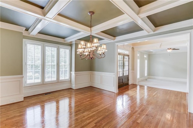 2748 Hidden Falls Dr, Buford, GA 30519 - spare room featuring a chandelier, beam ceiling, coffered ceiling, wood finished floors, and a wainscoted wall