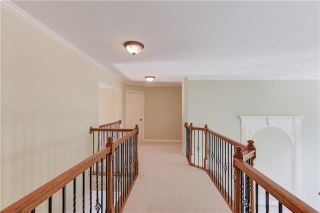2748 Hidden Falls Dr, Buford, GA 30519 - hallway with an upstairs landing, light carpet, and ornamental molding