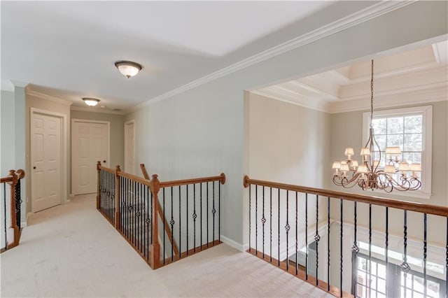 2748 Hidden Falls Dr, Buford, GA 30519 - hall with an upstairs landing, a chandelier, crown molding, and carpet