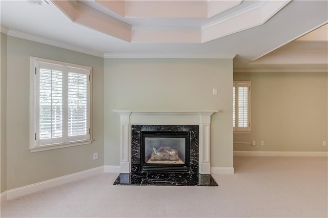 2748 Hidden Falls Dr, Buford, GA 30519 - detailed view of a tray ceiling, ornamental molding, carpet floors, and a fireplace