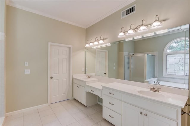 2748 Hidden Falls Dr, Buford, GA 30519 - bathroom with a shower stall, double vanity, a garden tub, ornamental molding, and tile patterned floors