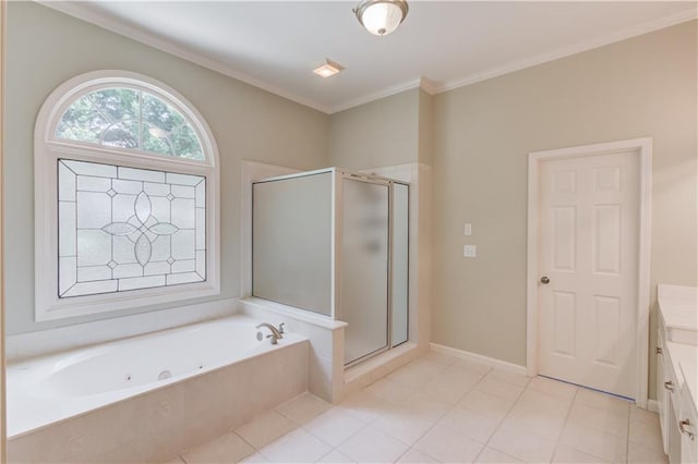 2748 Hidden Falls Dr, Buford, GA 30519 - full bath featuring vanity, a shower stall, a whirlpool tub, crown molding, and tile patterned floors