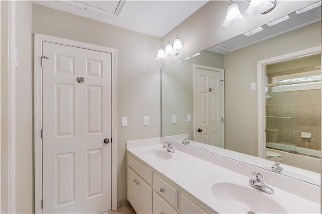 2748 Hidden Falls Dr, Buford, GA 30519 - bathroom featuring double vanity and enclosed tub / shower combo