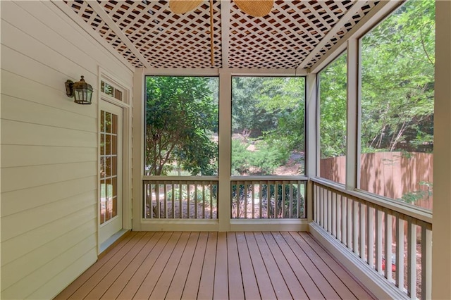 2748 Hidden Falls Dr, Buford, GA 30519 - unfurnished sunroom featuring a deck, hardwood / wood-style floors, and wood walls