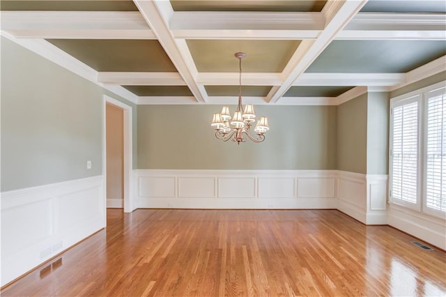 2748 Hidden Falls Dr, Buford, GA 30519 - empty room with a chandelier, beam ceiling, light wood-type flooring, coffered ceiling, and wainscoting