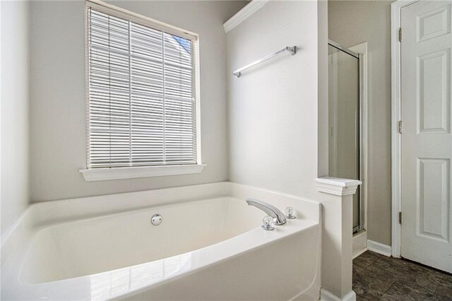 bathroom with shower with separate bathtub