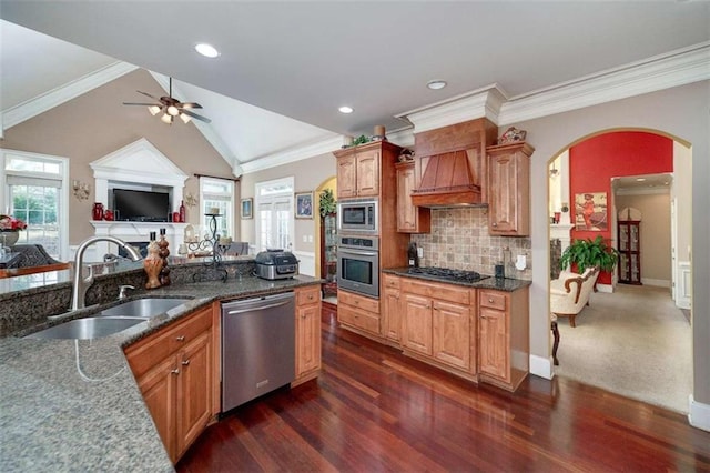 kitchen with dark wood-style floors, stainless steel appliances, ceiling fan, and a sink