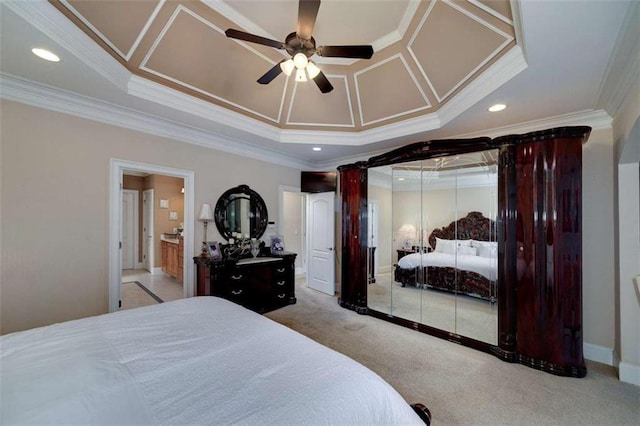 bedroom with recessed lighting, ceiling fan, crown molding, and carpet flooring