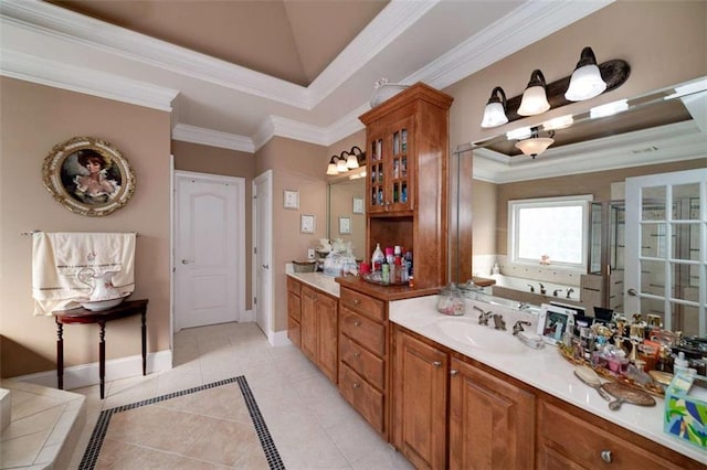 full bathroom featuring vanity, crown molding, and tile patterned flooring
