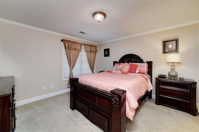 bedroom with baseboards, visible vents, ornamental molding, and light carpet