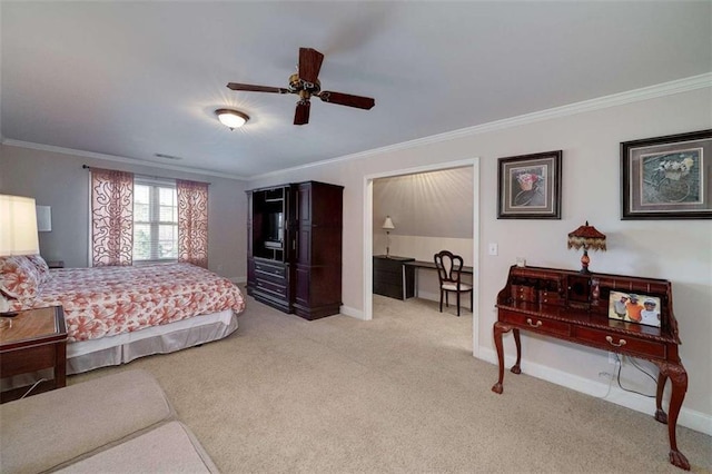 carpeted bedroom featuring baseboards and crown molding