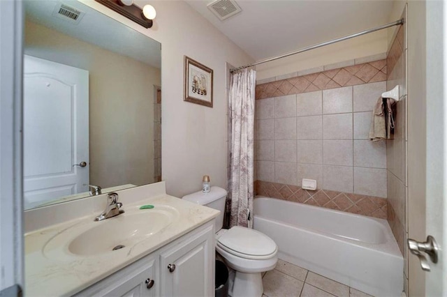 full bath with toilet, tile patterned flooring, visible vents, and vanity