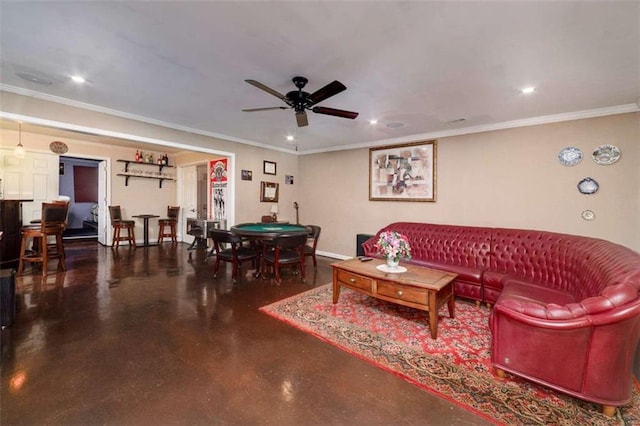 living area with recessed lighting, ornamental molding, and ceiling fan