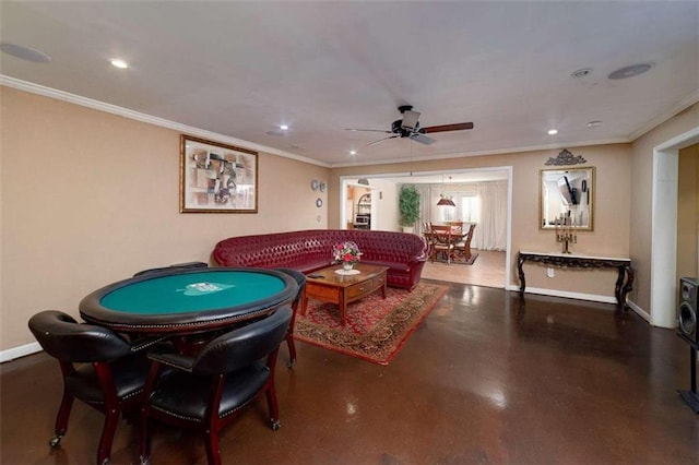 playroom featuring baseboards, recessed lighting, ornamental molding, and ceiling fan