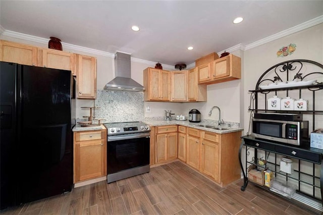 kitchen with crown molding, a sink, stainless steel appliances, wall chimney exhaust hood, and backsplash