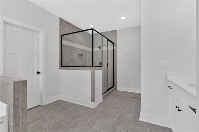 28 Creekview Dr SE, Cartersville, GA 30120 - full bath featuring a stall shower, baseboards, vanity, and a bath