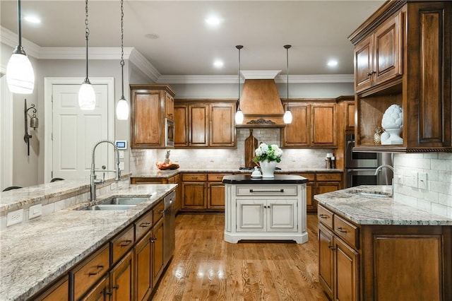 kitchen with appliances with stainless steel finishes, a sink, light wood-style flooring, and custom exhaust hood