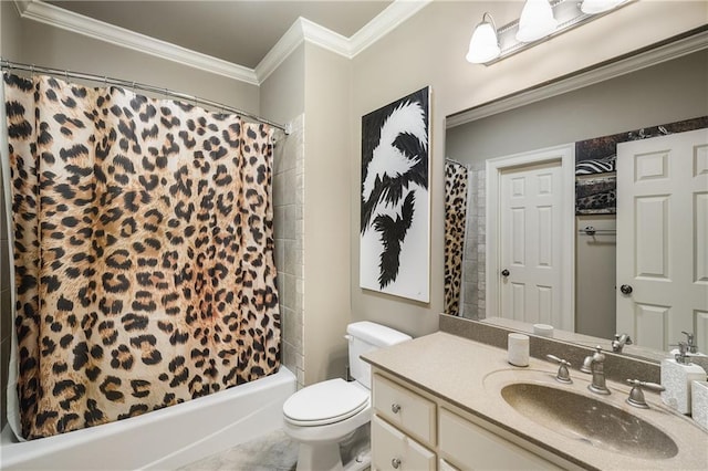 full bath featuring toilet, shower / bathtub combination with curtain, crown molding, and vanity