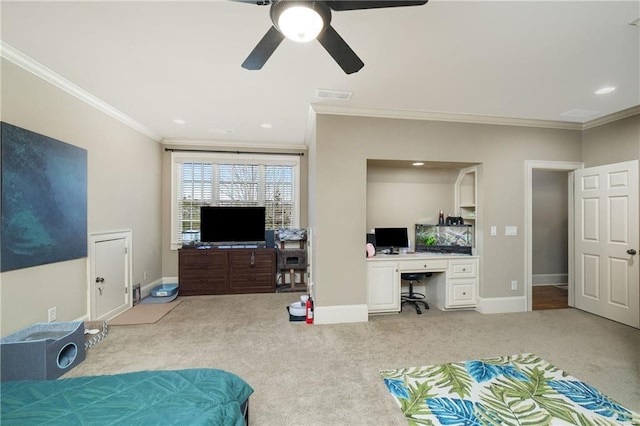 carpeted bedroom featuring crown molding, visible vents, and baseboards