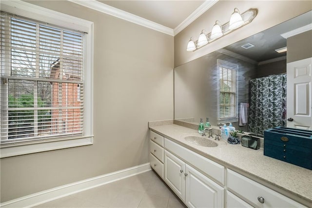 full bathroom featuring visible vents, baseboards, tile patterned flooring, crown molding, and vanity