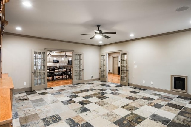 interior space with french doors, crown molding, recessed lighting, ceiling fan, and baseboards