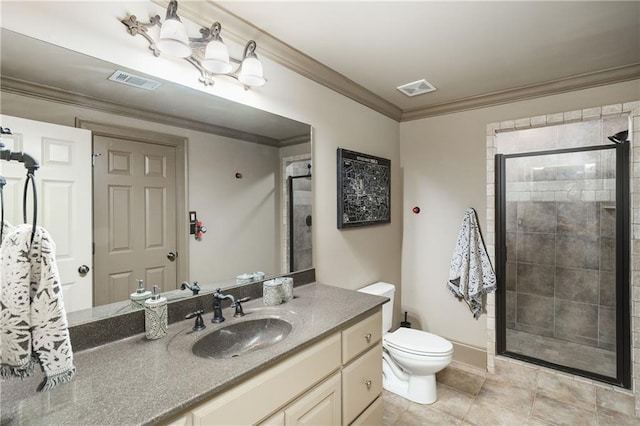 bathroom featuring a stall shower, visible vents, toilet, crown molding, and vanity