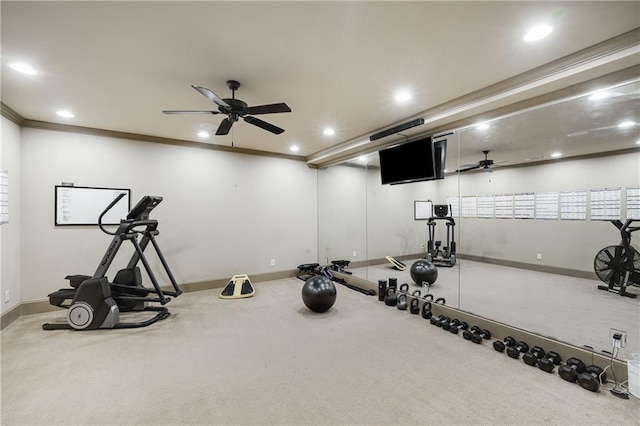 exercise area with crown molding, baseboards, and recessed lighting