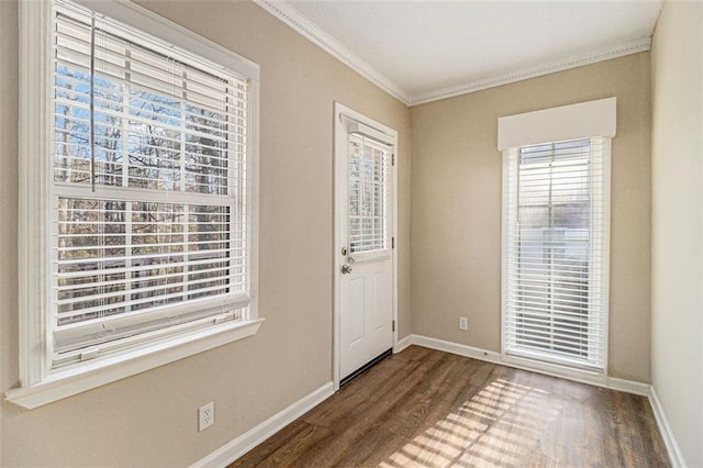 foyer with crown molding and dark hardwood / wood-style flooring