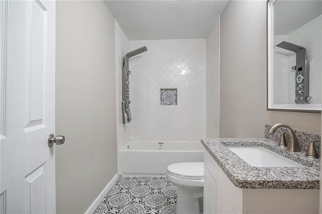 bathroom featuring shower / bathtub combination, tile patterned flooring, toilet, vanity, and baseboards