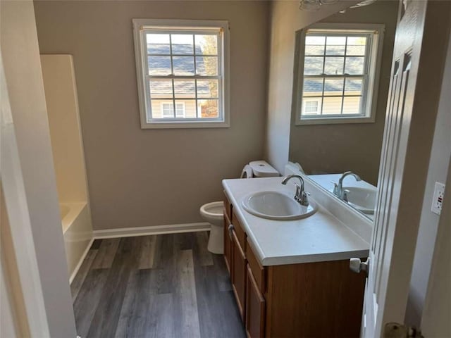 bathroom with hardwood / wood-style flooring, vanity, toilet, and a wealth of natural light