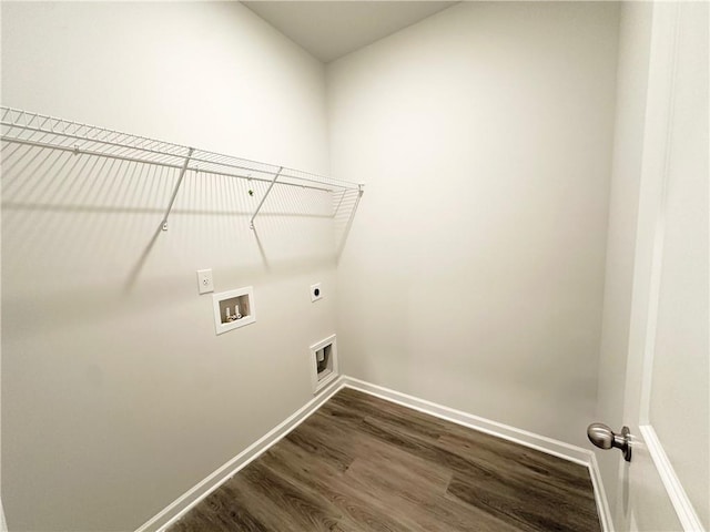 washroom with hookup for a washing machine, baseboards, laundry area, dark wood-style flooring, and electric dryer hookup