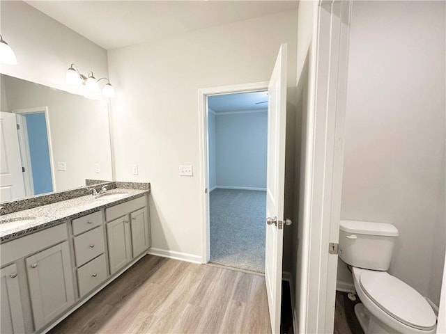 full bathroom with double vanity, toilet, wood finished floors, and a sink