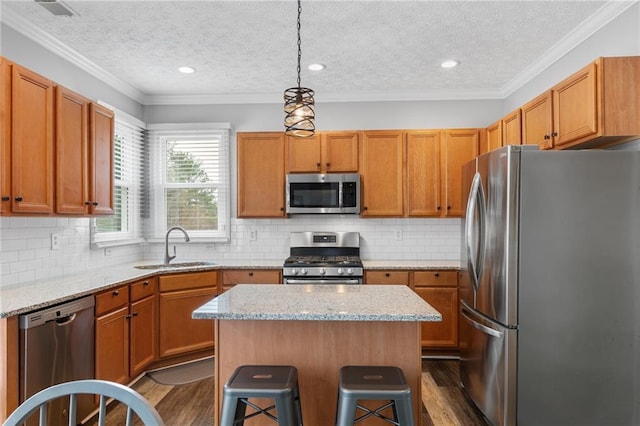 kitchen with crown molding, dark wood finished floors, stainless steel appliances, and a sink