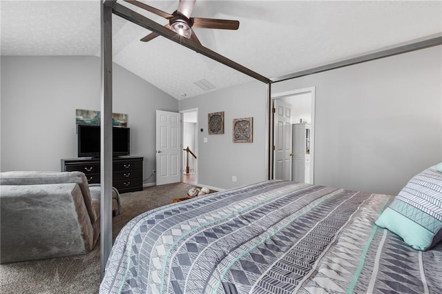 carpeted bedroom featuring a ceiling fan, visible vents, and vaulted ceiling with beams