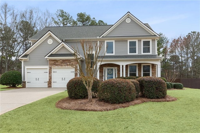 view of front facade featuring a garage, stone siding, driveway, and a front lawn