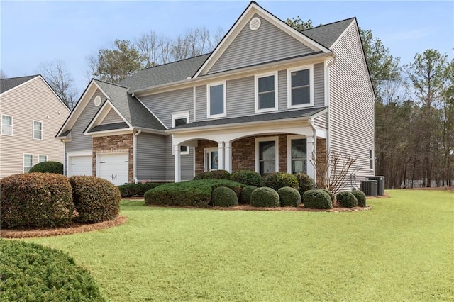 view of front facade featuring a garage, central AC, a shingled roof, stone siding, and a front lawn