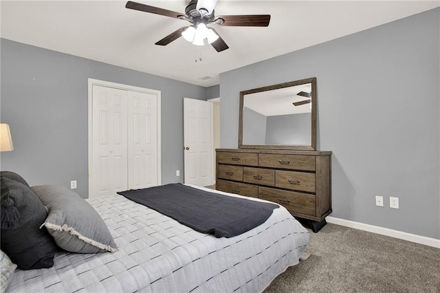 bedroom with carpet floors, a closet, and ceiling fan