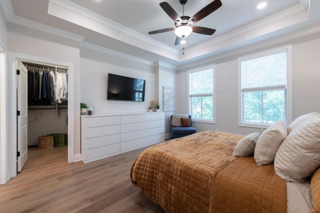 bedroom with a raised ceiling, ornamental molding, a spacious closet, and light hardwood / wood-style flooring