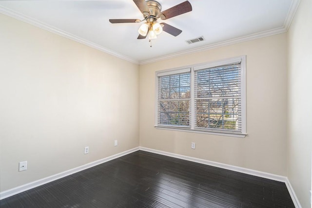 unfurnished room featuring ceiling fan, dark hardwood / wood-style flooring, and crown molding