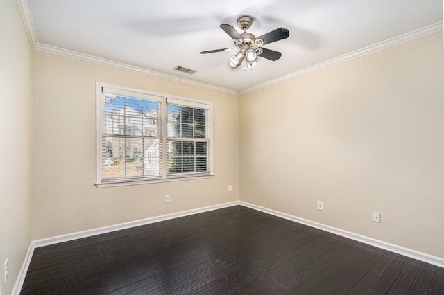 unfurnished room featuring ceiling fan, wood-type flooring, and crown molding