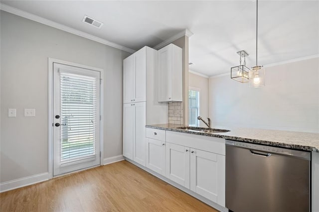 kitchen featuring light wood-type flooring, a sink, white cabinetry, crown molding, and dishwasher