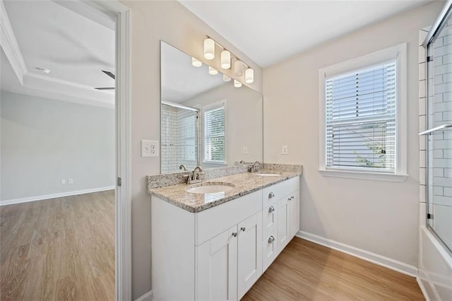 bathroom featuring a sink, baseboards, wood finished floors, and double vanity