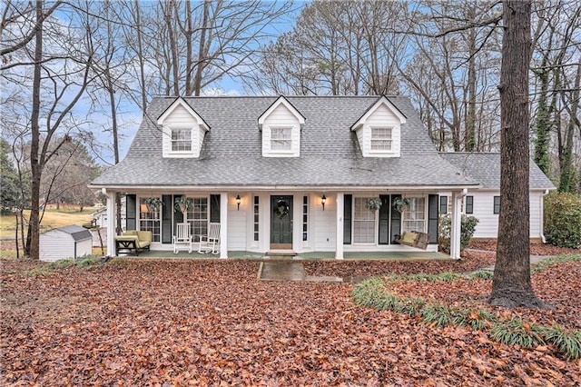 cape cod house with an outdoor structure, covered porch, and a shingled roof