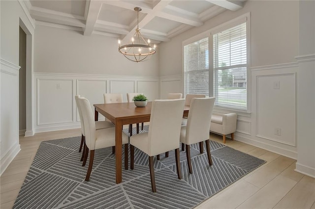 297 Delta Dr, Mcdonough, GA 30252 - dining space featuring a decorative wall, a chandelier, beam ceiling, coffered ceiling, and wainscoting