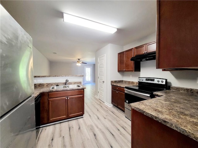 kitchen with a peninsula, a sink, light wood-style floors, under cabinet range hood, and appliances with stainless steel finishes