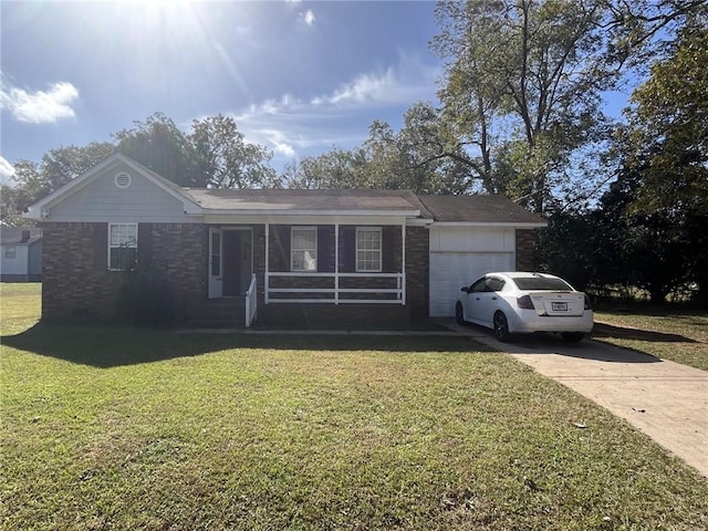 single story home featuring a garage, a porch, and a front lawn