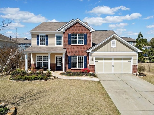 craftsman inspired home with a front lawn, driveway, brick siding, an attached garage, and board and batten siding