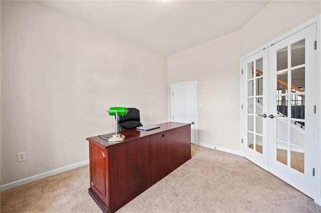 office with baseboards, light carpet, and french doors