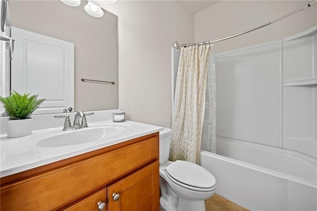 bathroom featuring shower / bath combination with curtain, toilet, and vanity